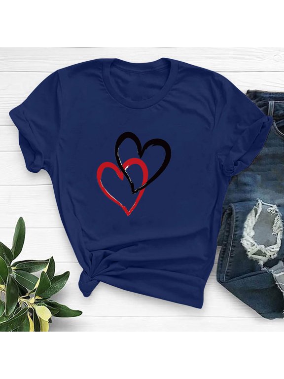 Women's Love Plus Size Tshirt Valentine's Day Round Neck Summer Short Sleeve Heart Print Casual Tshirt Gift for Her