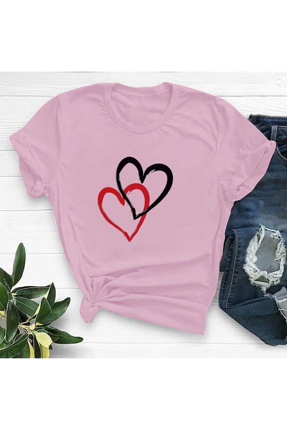 Women's Love Plus Size Tshirt Valentine's Day Round Neck Summer Short Sleeve Heart Print Casual Tshirt Gift for Her