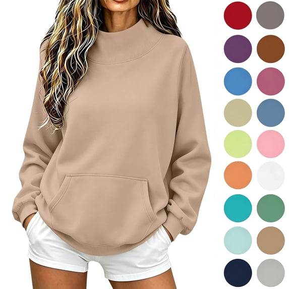 Yotami Women's Mock Neck Sweatshirt with Front Pocket, Solid Color Loose Fit Long Sleeve Pullover Top, Fall Winter Soft Casual Sweatshirt Clothes Sizes S-XXL