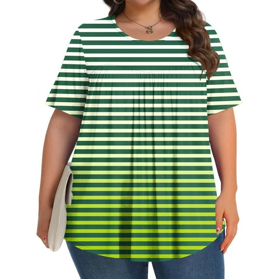 Yotami Women's Oversized Shirt Striped Print Crew Neck Pleated Plus Size Blouse Short Sleeve Summer Trendy T-Shirt for Beach Cover-Up, Green