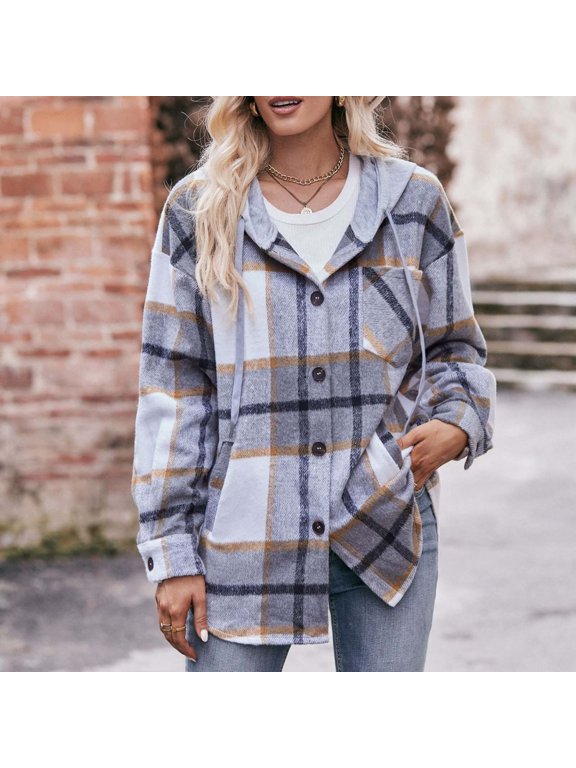 Women's Plaid Coat Button Shacket with Pocket Warm Hooded Peacoat Size S-XXL