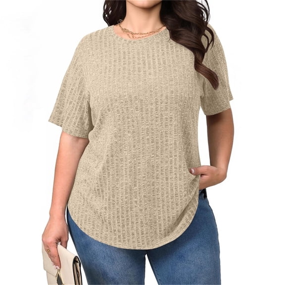 Yotami Women's Plus Size Blouse Round Neck T-Shirt Short Sleeve Summer Solid Color Workout Shirt for Outdoor, Khaki
