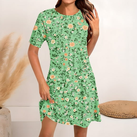Yotami Women's Plus Size Floral Summer Dress Round Neck Mini Dress Short Sleeve Dress for Outdoor