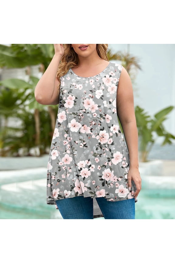 Women's Plus Size Tops Floral Print Round Neck Summer Y2K Tank Top for Beach