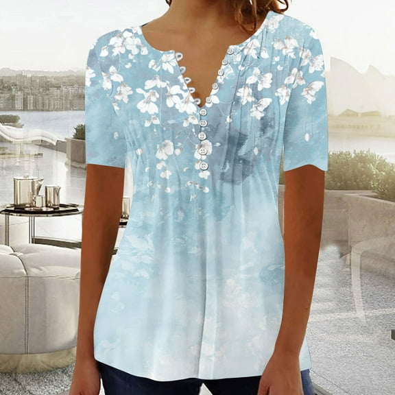 Yotami Women's Plus Size Tops Short Sleeve Button V-Neck Shirts for Everyday Pleated Boho Floral Print Trendy Casual Blouses Multicolor