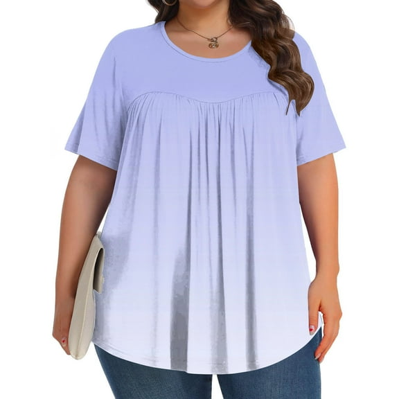 Yotami Women's Round Neck Tops Plus Size Gradient Pleated Blouse Short Sleeve Summer Trendy Blouse for Everyday Wear, Purple