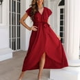 thumbnail image 1 of Yotami Women's Ruffle Long Dress Fashion V-Neck Short Sleeve Party Dress with Belt Split Flowy Cocktail Dresses Red M, 1 of 4