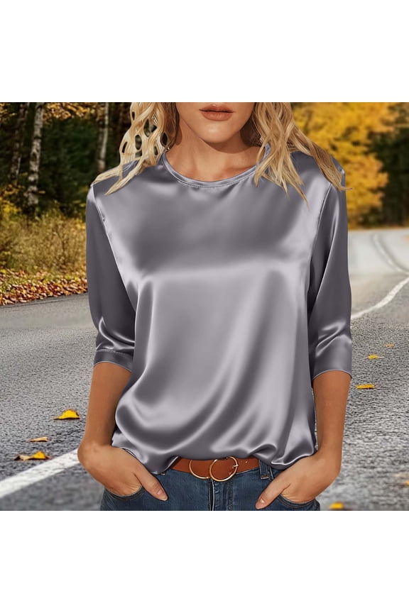 Women's Satin Silk Shirts 3/4 Sleeve Crew Neck Dressy Casual Blouses for Everday Solid Color Lightweight Loose Tops Clothes Size S-XXL
