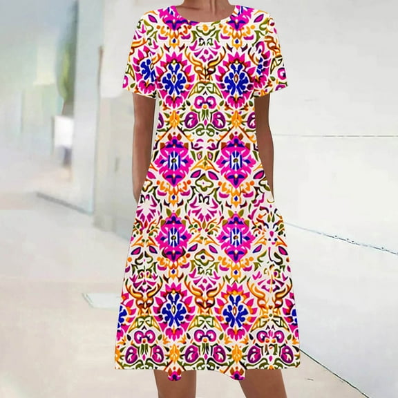 Yotami Women's Short Sleeve Dress Boho Floral Print Midi Dress Summer Crew Neck Dress for Everyday