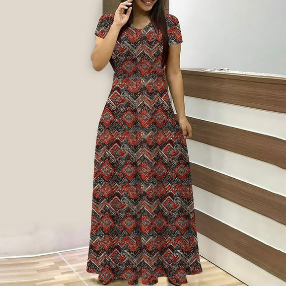 Yotami Women's Short Sleeve Dress with Pocket Summer Crew Neck Long Dress Floral Print Boho Loose Fit Dress for Beach