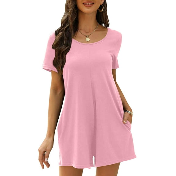 Yotami Women's Short Sleeve Jumpsuit Summer Wide Leg Lightweight Jumpsuit with Pocket Solid Color Backless Crew Neck Romper for Holiday