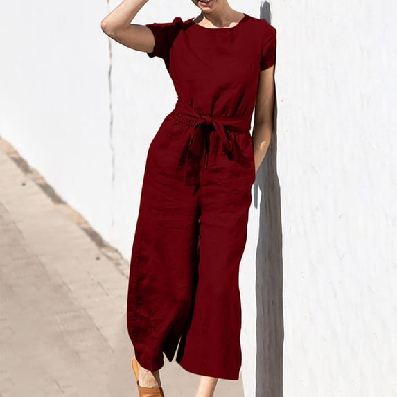 Yotami Women's Short Sleeve Wide-Leg Romper Long Pants Summer Solid Color Loose Fit Plus Size Romper Pants with Belt Casual Jumpsuits with Pocket, Wine, M
