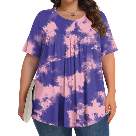 Yotami Women's Summer Blouse Plus Size Graphic Tee Round Neck Pleated Short Sleeve Tie-Dye Print Casual Shirt for Beach Cover-Up, Pink