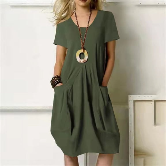 Yotami Women's Summer Dress Casual Cotton Linen Comfortable Solid Color Dress for Holiday Short Sleeve Crew Neck Midi Dress with Pocket Army Green S