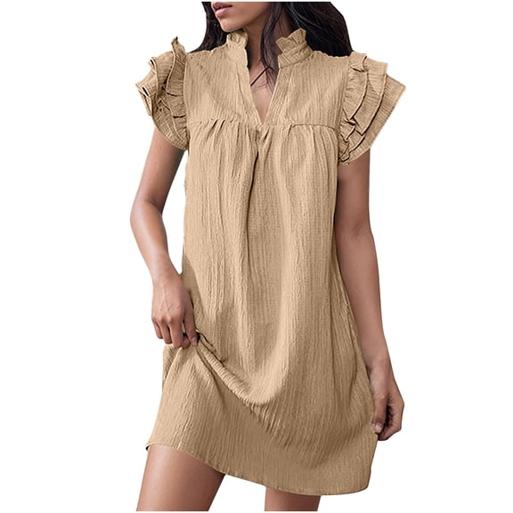 Yotami Women's Summer Dress Ruffle Short Sleeve V-Neck Mini Dresses Casual Solid Color Loose T-Shirt Dress Khaki M