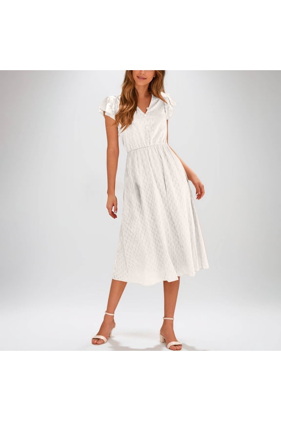 Women's Summer Midi Dress Ruffle Cap Sleeve Casual Dress for Beach Vacation V-Neck Flowy A-Line Sundresses White S