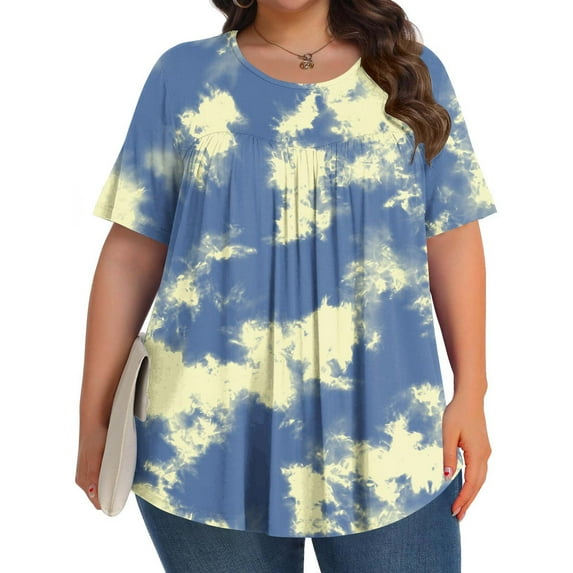Yotami Women's Summer Tops Plus Size Crew Neck Short Sleeve T-Shirt Pleated Tie-Dye Print Workout Blouse for Outdoor, Navy