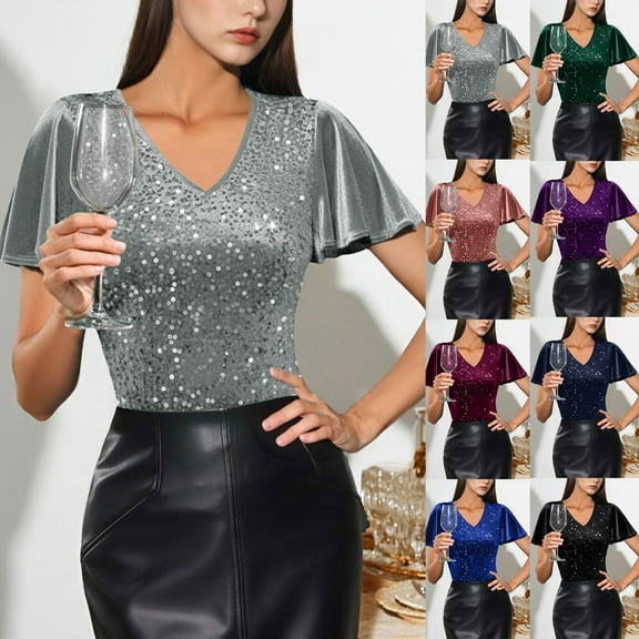 Yotami Women's Velvet Sequin Tops for Party Night Out Evening Sparkle Shirt Dressy V-Neck Short Sleeve Blouses