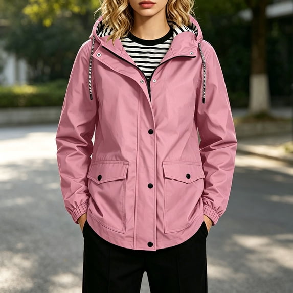 Yotami Women's Waterproof Hooded Jacket Lightweight Rain Coats with Pocket, Button Full Zip, Drawstring, Elastic Cuff, Outdoor Hiking Windbreaker Fall Clothes