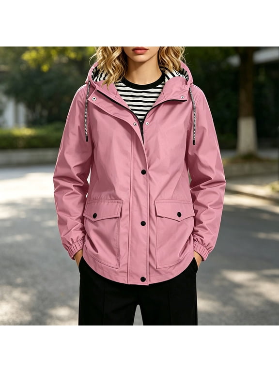 Women's Waterproof Hooded Jacket Lightweight Rain Coats with Pocket, Button Full Zip, Drawstring, Elastic Cuff, Outdoor Hiking Windbreaker Fall Clothes