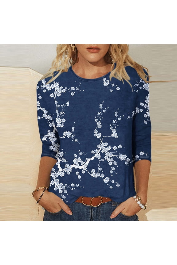 Womens 3/4 Sleeve Tops Crew Neck Dressy Casual Blouses Floral Print Summer Fall Lightweight Loose Fit Shirts Clothes Size M-XXXXL