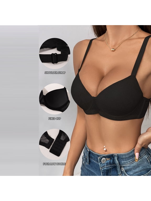 Womens Bras for Everyday Push Up Casual Support Bra for Work Solid Color Wireless Bra, 32C, Black