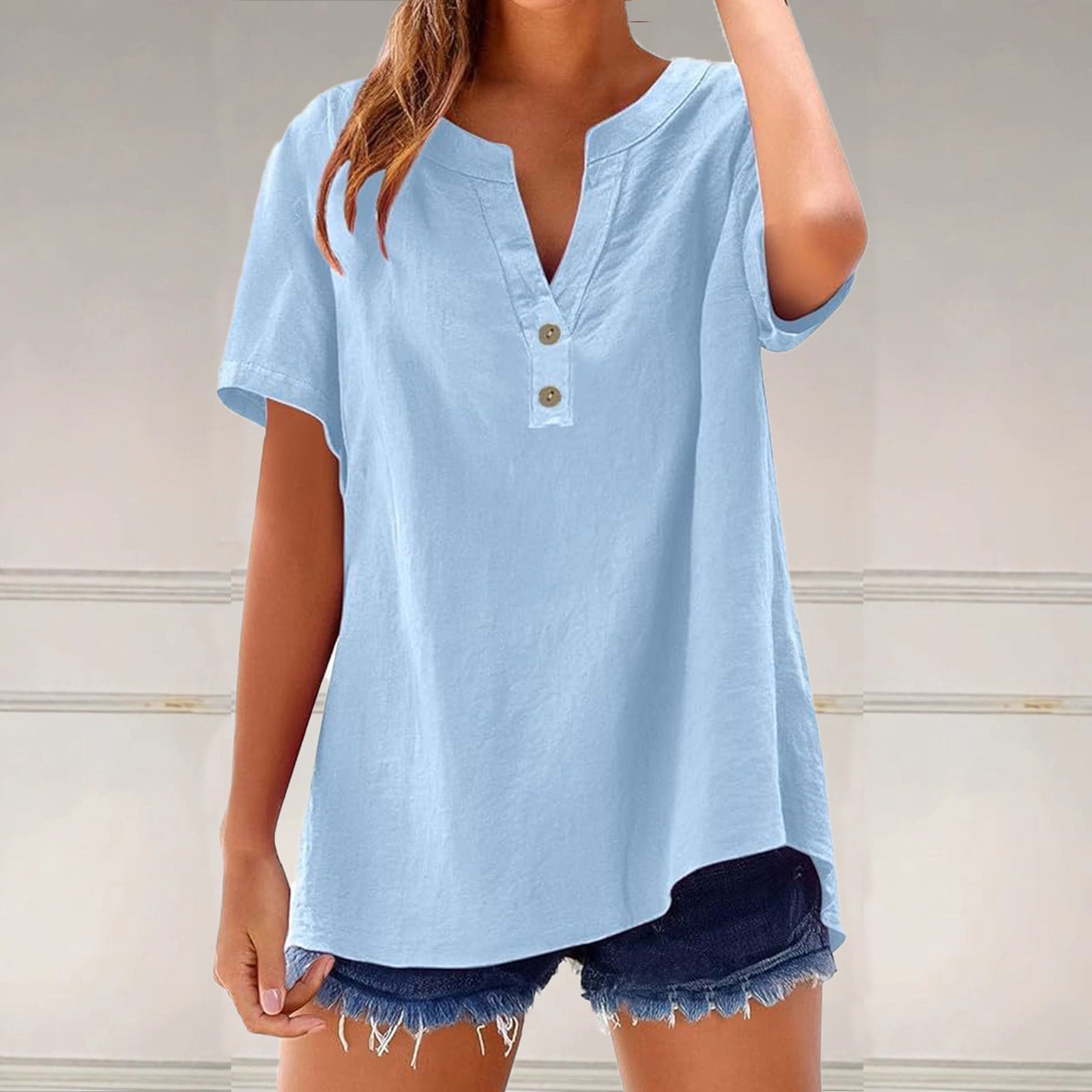 Yotami Womens Button Down Shirts Plus Size Cotton Linen Short Sleeve ...