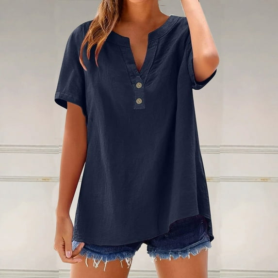 Yotami Womens Button Down Shirts Plus Size Cotton Linen Short Sleeve Blouses Summer V-Neck Loose Fit Casual Tops Navy