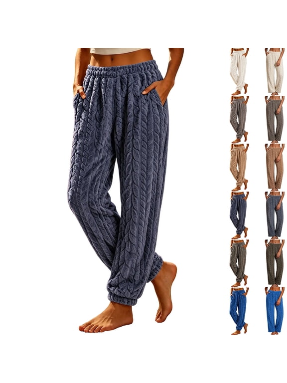 Womens Cable Knit Plush Jogger Pants Winter Warm Fleece Lounge Pants, Elastic Waist Pajama Pants with Pocket Gray M