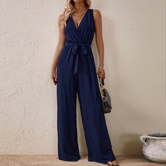 Yotami Womens Comfortable Jumpsuit Sleeveless Solid Color Jumpsuit for Summer Loose Fit Wide Leg Lightweight Suspender Jumpsuits, Navy, M