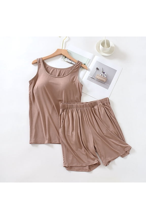 Womens Cozy Lounge Set Summer Sleeveless Loose Round Neck Top and Shorts Set for Weekend Two-Piece Set Khaki M