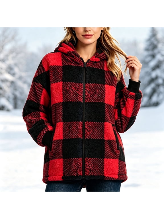 Womens Fall Winter Plaid Coat Jackets with Zipper Lightweight Outerwear Size S-XXL