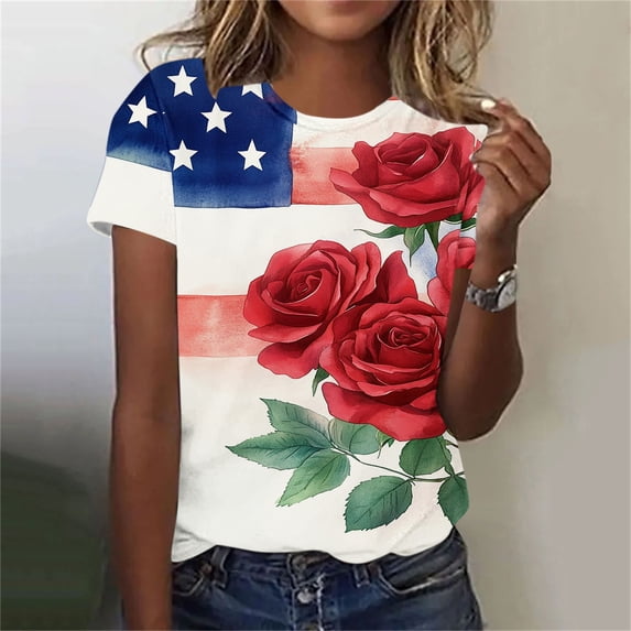 Yotami Womens Fourth of July T-Shirts Plus Size Crew Neck Short Sleeve Patriotic Shirts for Holiday American Flag Graphic Tees Clothes Red, Size XXXL