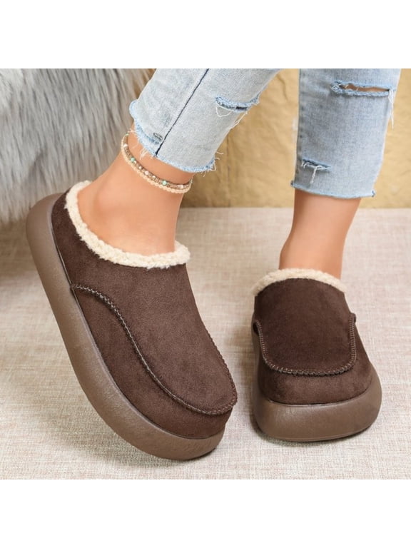 Womens Fuzzy Mule Slippers, Suede Upper with Shearling Lining Thick Chunky Sole Easy Wear Warm Closed Back Indoor Outdoor Footwear for Women