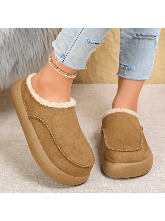 Womens Fuzzy Mule Slippers, Suede Upper with Shearling Lining Thick Chunky Sole Easy Wear Warm Closed Back Indoor Outdoor Footwear for Women
