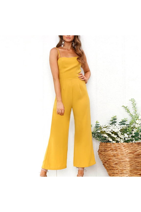 Womens Jumpsuits Dressy Summer Wide Leg Cotton Linen Rompers with Belt Loose Fit Solid Color Sleeveless Suspender Jumpsuits, Yellow, L