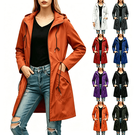 Yotami Womens Lightweight Raincoats, Travel Hooded Jackets with Drawstring Waist, Full Zip, Solid Hiking Waterproof Windbreaker Outdoor Fall Clothes