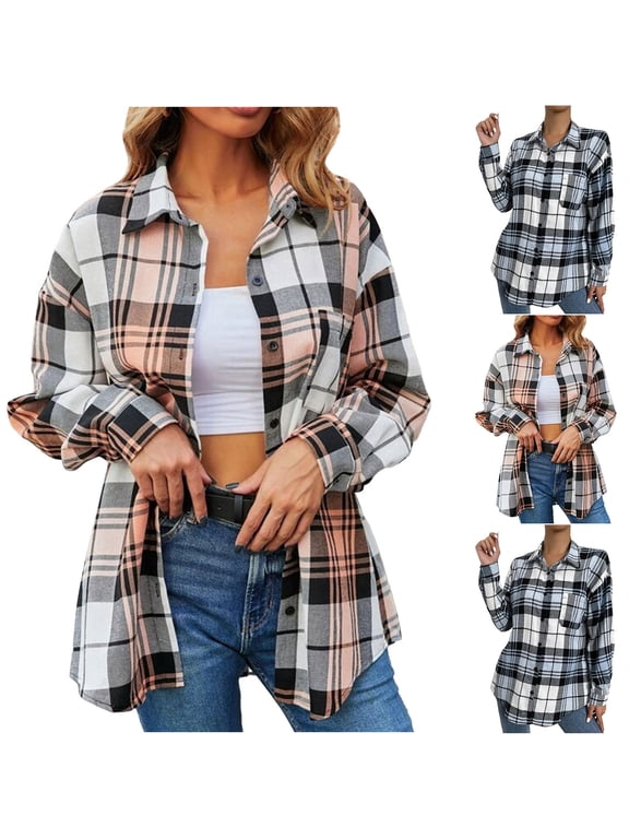 Womens Plaid Jacket Lapel Button Jacket Comfortable Outerwear Size S-XXL