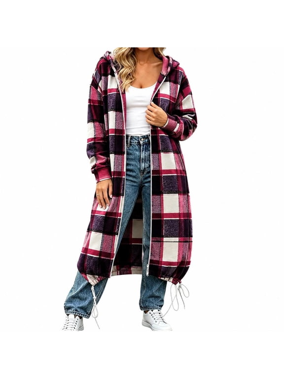 Womens Plaid Jacket Long Coats with Zipper Lightweight Peacoat Size S-XXL