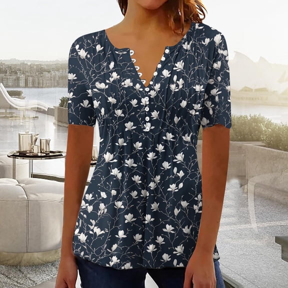 Yotami Womens Plus Size Tops Summer Floral Print Blouses Casual Short Sleeve Pleated Loose Button V-Neck Tunic Tops L