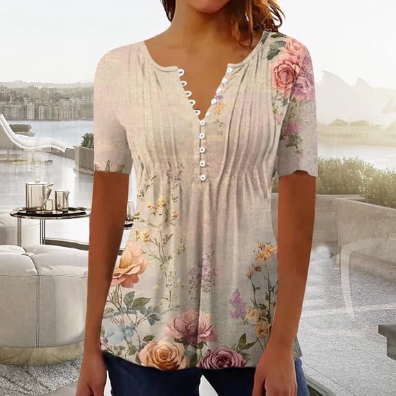 Yotami Blouses for Women Dressy Casual Button V-Neck Tunic Tops Summer Short Sleeve Pleated Floral Print Boho Plus Size Shirts,Size S-XXXXXL