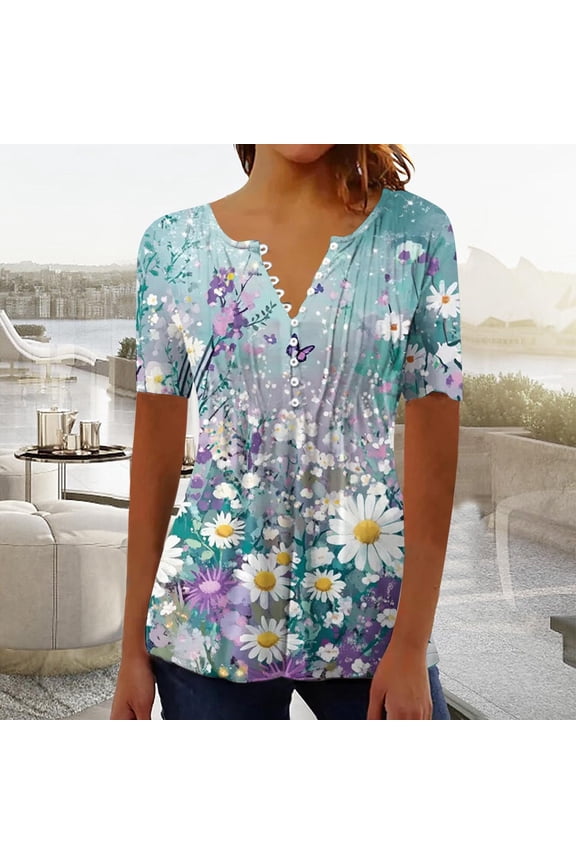 Womens Plus Size Tops Summer Floral Print Blouses Casual Short Sleeve Pleated Loose Button V-Neck Tunic Tops S