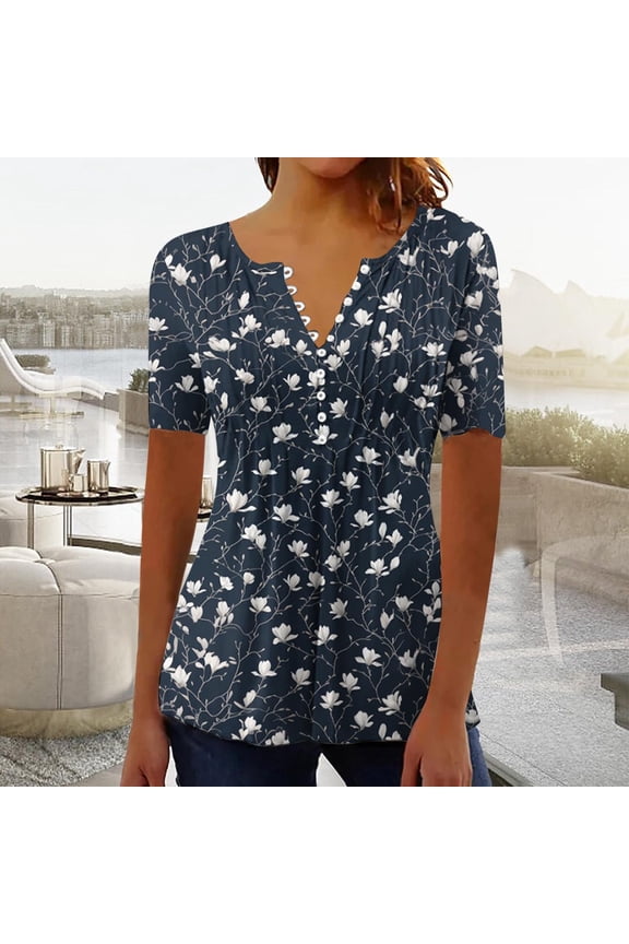 Womens Plus Size Tops Summer Floral Print Blouses Casual Short Sleeve Pleated Loose Button V-Neck Tunic Tops XL