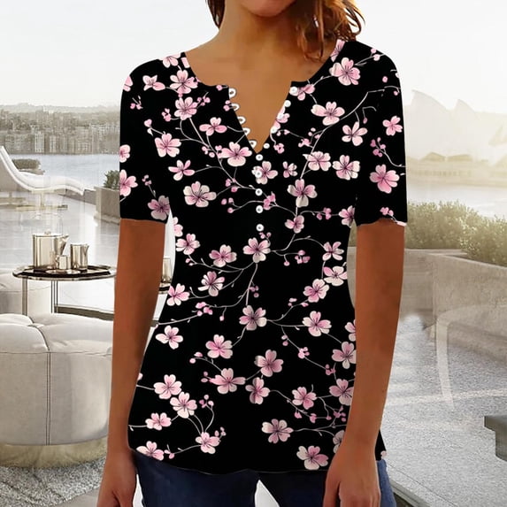 Yotami Womens Plus Size Tops Summer Floral Print Blouses Casual Short Sleeve Pleated Loose Button V-Neck Tunic Tops XXL