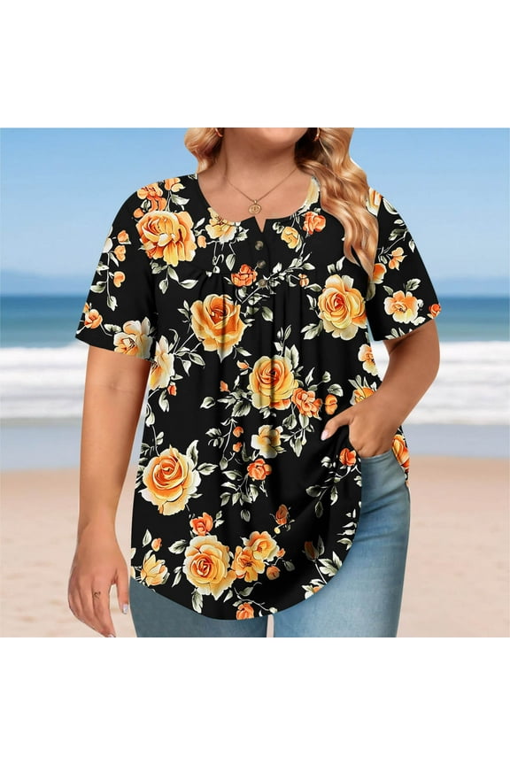 Womens Plus Size Tops Summer Short Sleeve Crew Neck Pleated Button Shirts for Mother's Day, Loose Casual Floral Blouses Black, L-XXXXXL