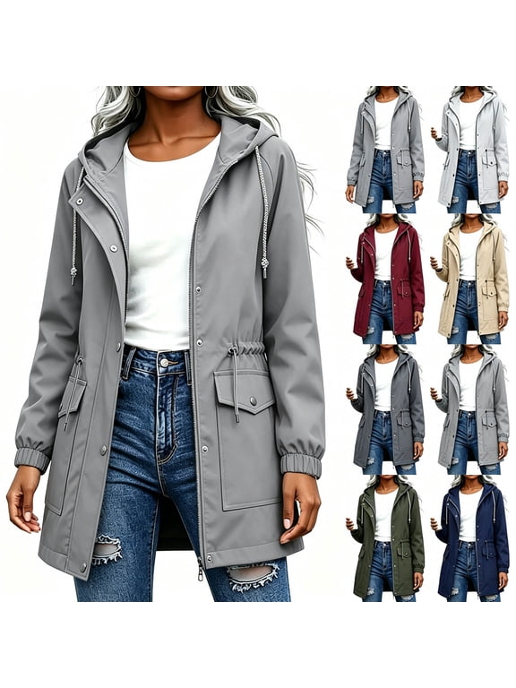 Womens Raincoats Zip-Up Hooded Jackets with Drawstring Waist, Elastic Cuff, Snap Button, Pocket, Fall Outdoor Waterproof Windbreaker Trench Coat Clothes, Sizes S-XXL