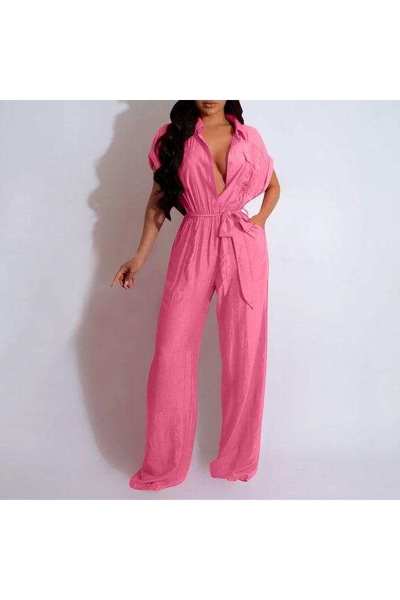 Womens Short Sleeve Jumpsuit Flowy Pants Summer Loose Fit Jumpsuit for Weekend Wide Leg Solid Color Lightweight Jumpsuits with Pocket, Hot Pink, S