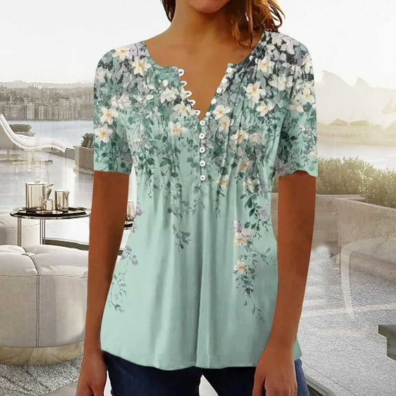Yotami Womens Short Sleeve Summer Tops for Vacation, Loose Fit Button V-Neck Pleated Blouse, Trendy Casual Floral Print Shirt Green