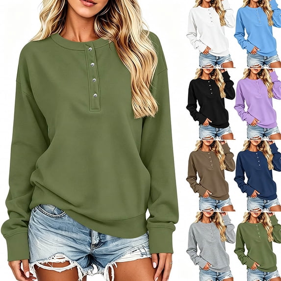 Yotami Womens Sweatshirt, Button Crewneck Sweatshirt, Long Sleeve Pullover Tops, Casual Loose Fit Fall Clothes, Sizes S-XXL