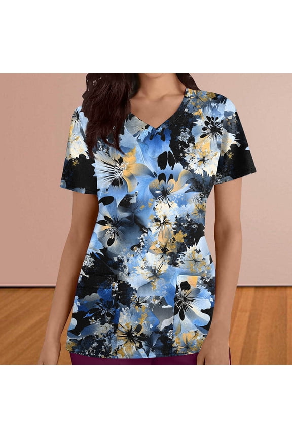 Womens Uniform Scrubs Short Sleeve Comfortable Shirt with Pocket V-Neck Floral Print Clothes for Work, Navy, L